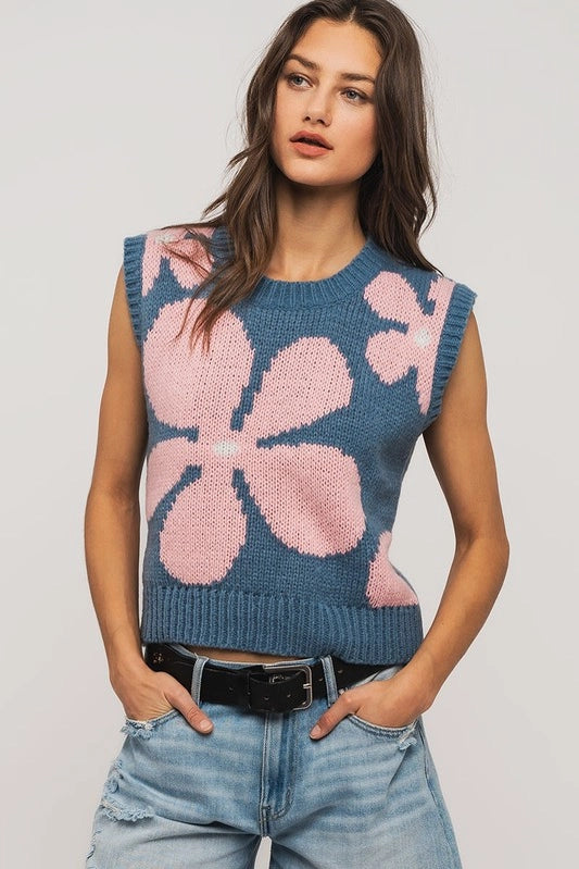 Floral Sweater Vest - Blue