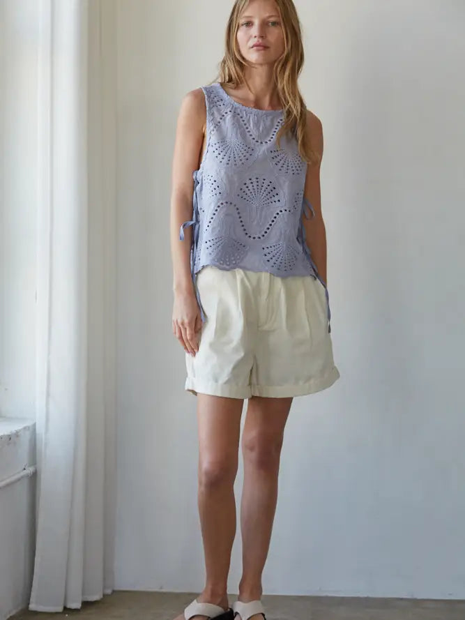Woven Cotton Eyelet Round Neck Sleeveless Top - Lilac