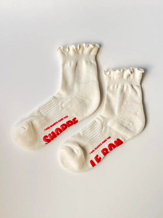 Ruffled Hugger Crew Socks - Vanilla/Red