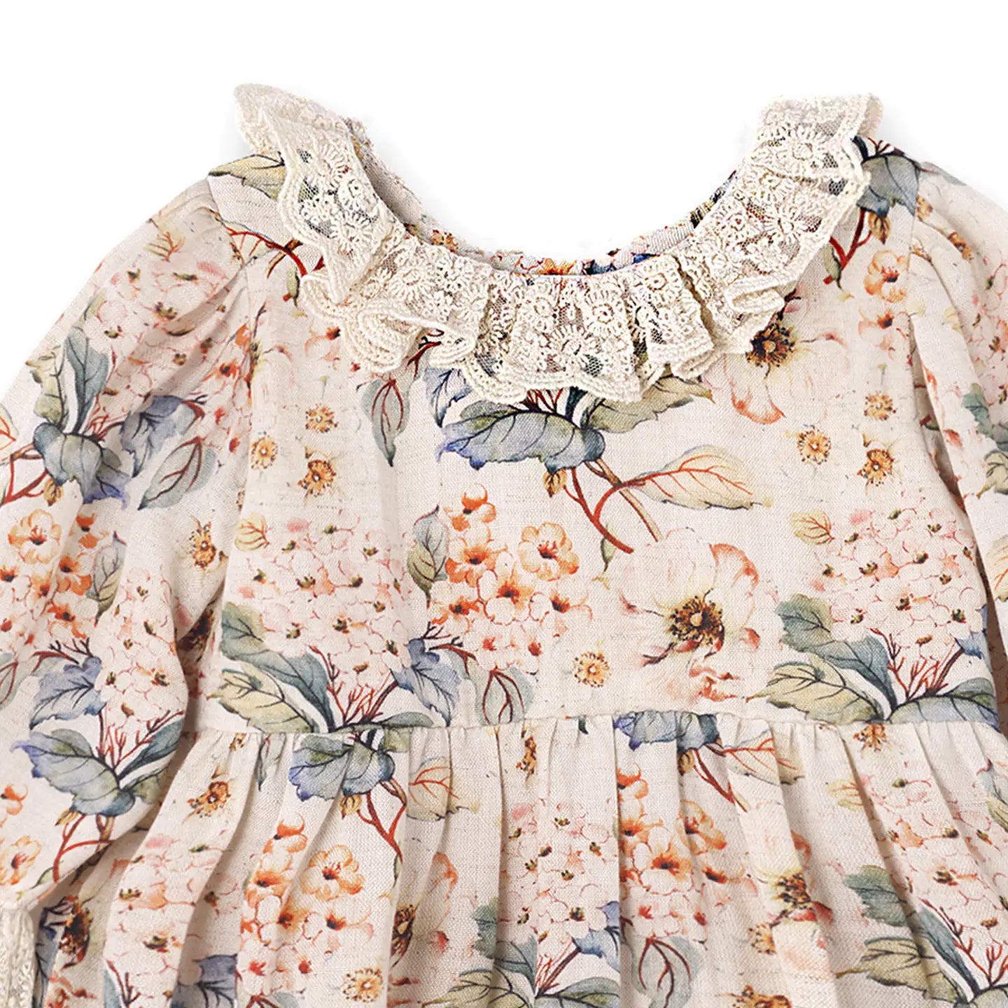 Vintage Floral Baby Girl Bodysuit – Lace Ruffles Linen Blend