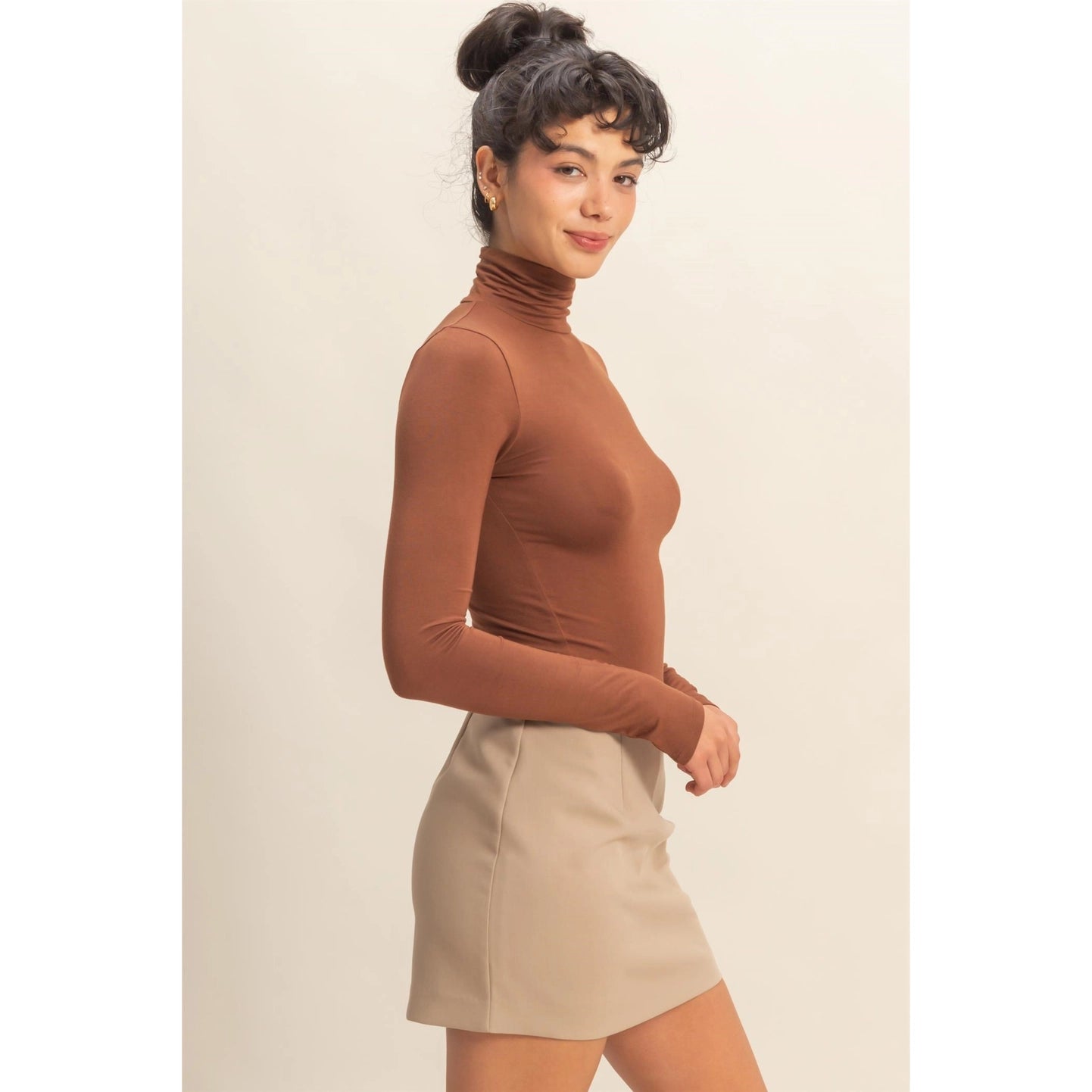 Turtleneck Long Sleeve Fitted Top - Chestnut