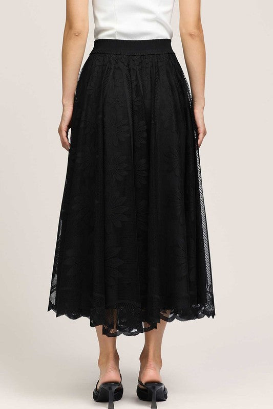 Floral Embroidered Mesh Midi Skirt