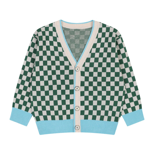 Colorblock Checkered Jacquard Cardigan