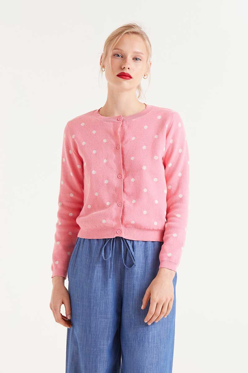 IVE レイ着用 Polka Dot Cardigan Baby Pink Polka Dot Cardigan Baby Pink/Brown – Sculptor