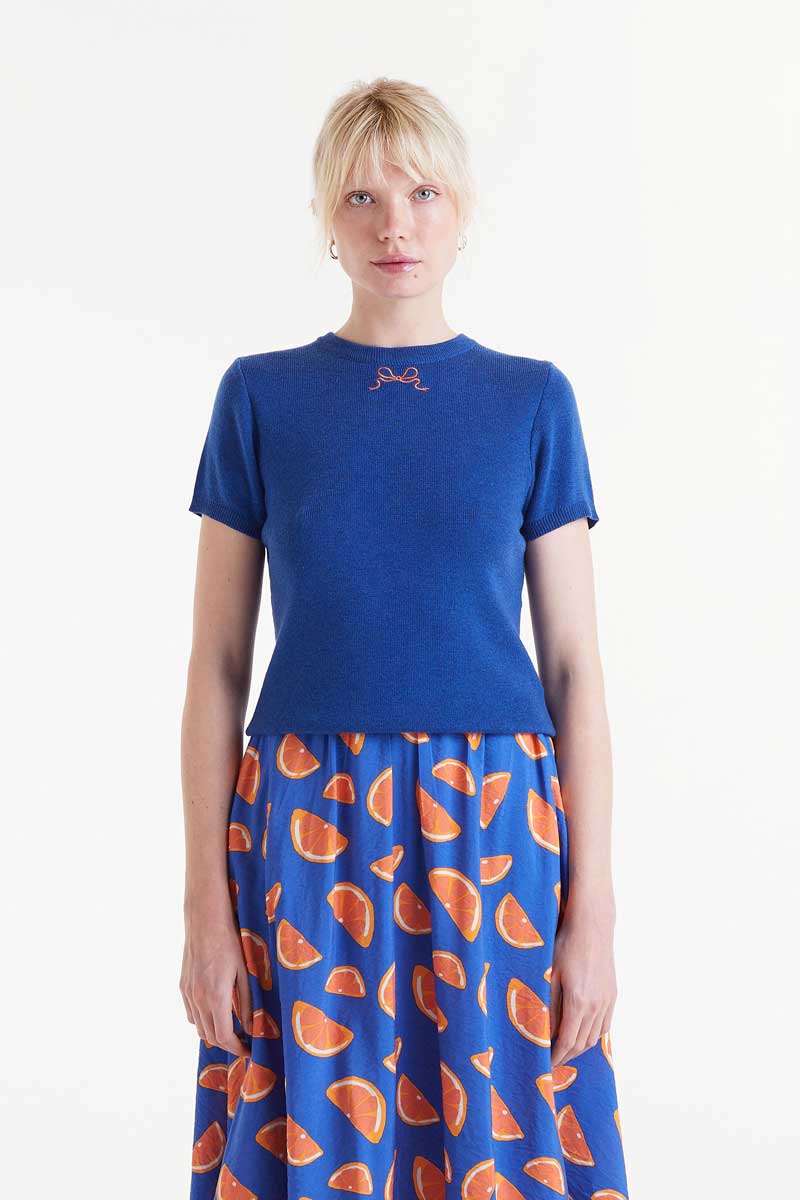 Compania Fantastica S/S Bow Embellished Sweater - Blue