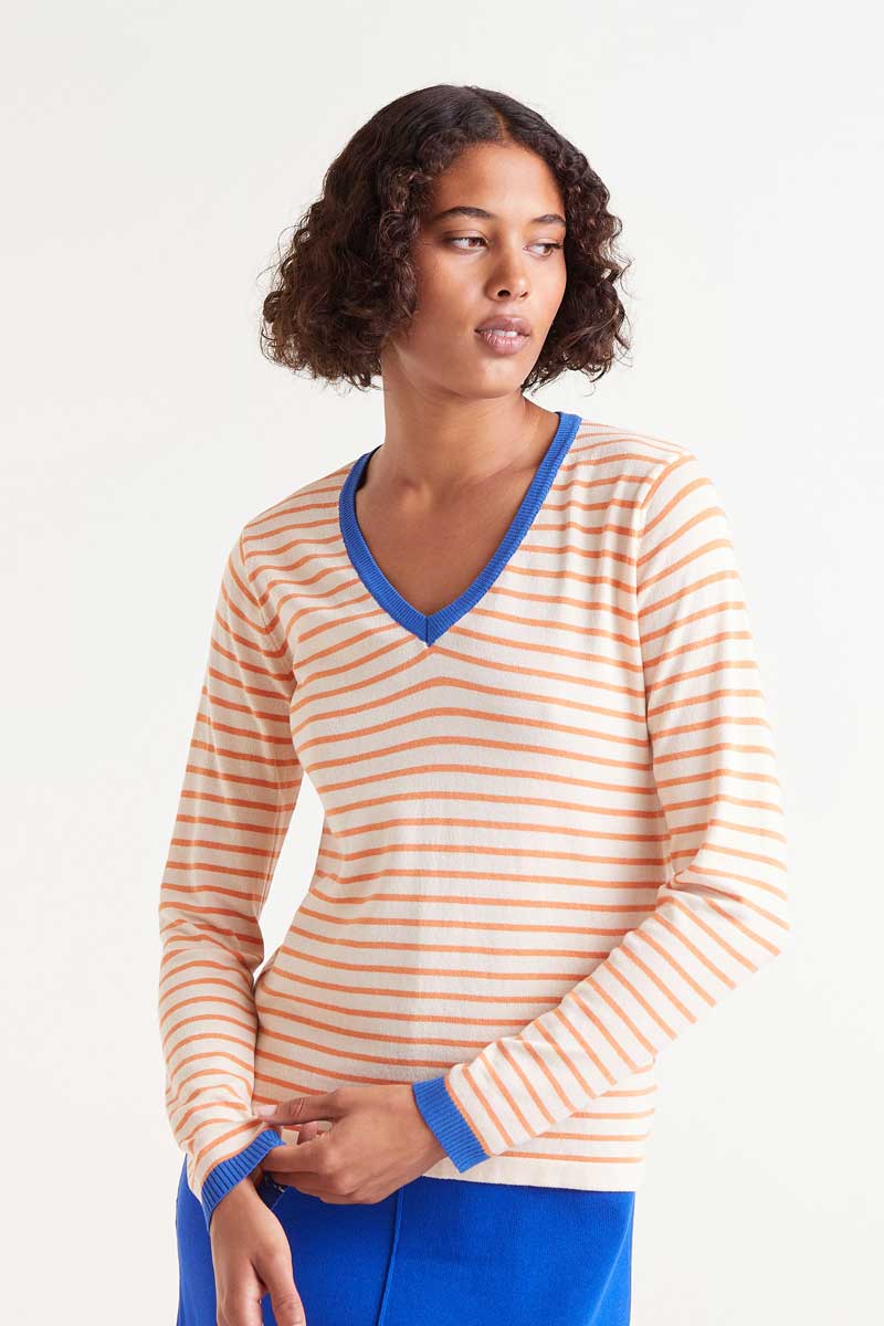 V-Neck Striped Sweater - Orange/White