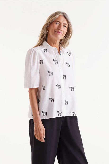 Compania Fantastica Short Sleeve Embroidered Zebra Print Shirt