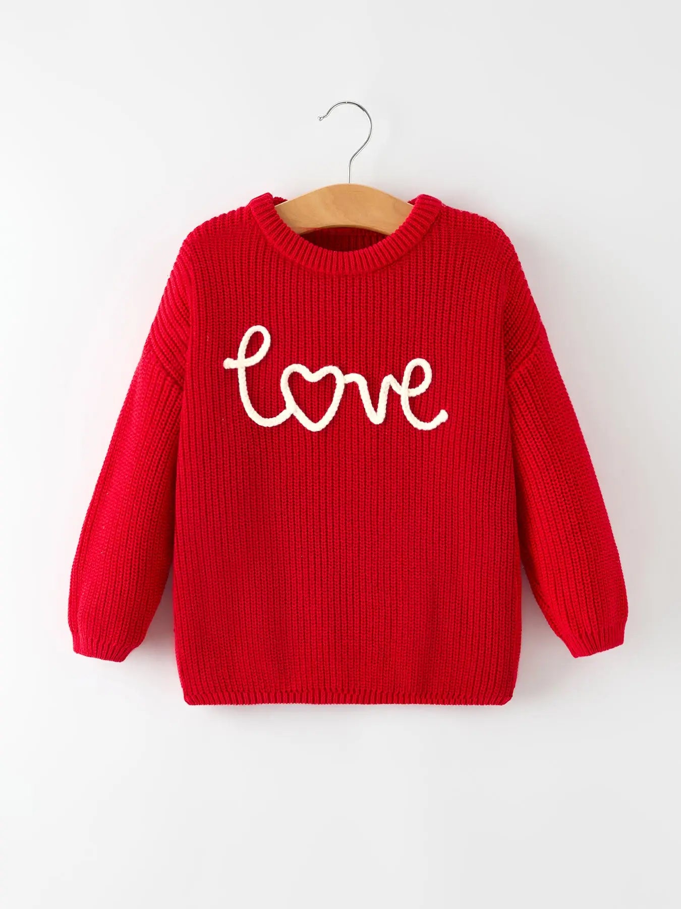 Red Knit Sweater "Love" Embroidery