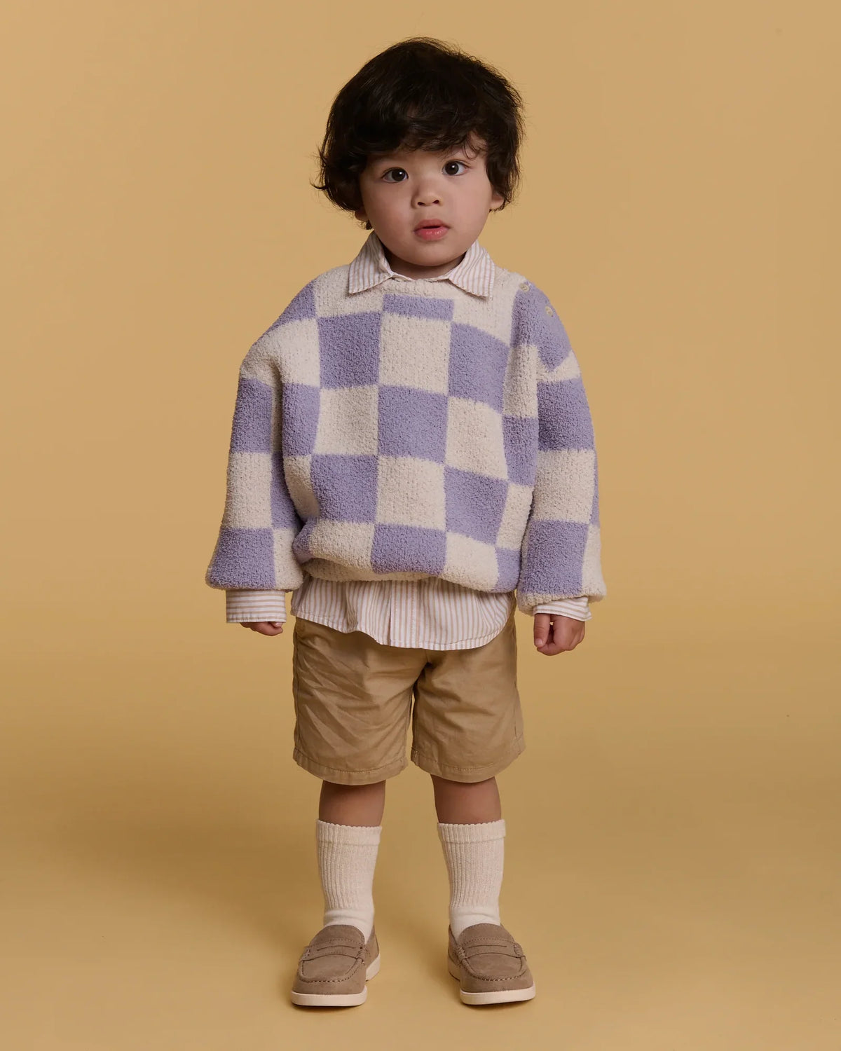 Boxy Sweater - Fuzzy Checkers Ecru & Taro