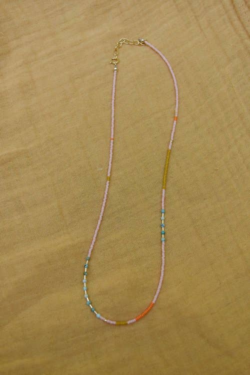 Dainty Beaded Choker - Blush with Turquoise