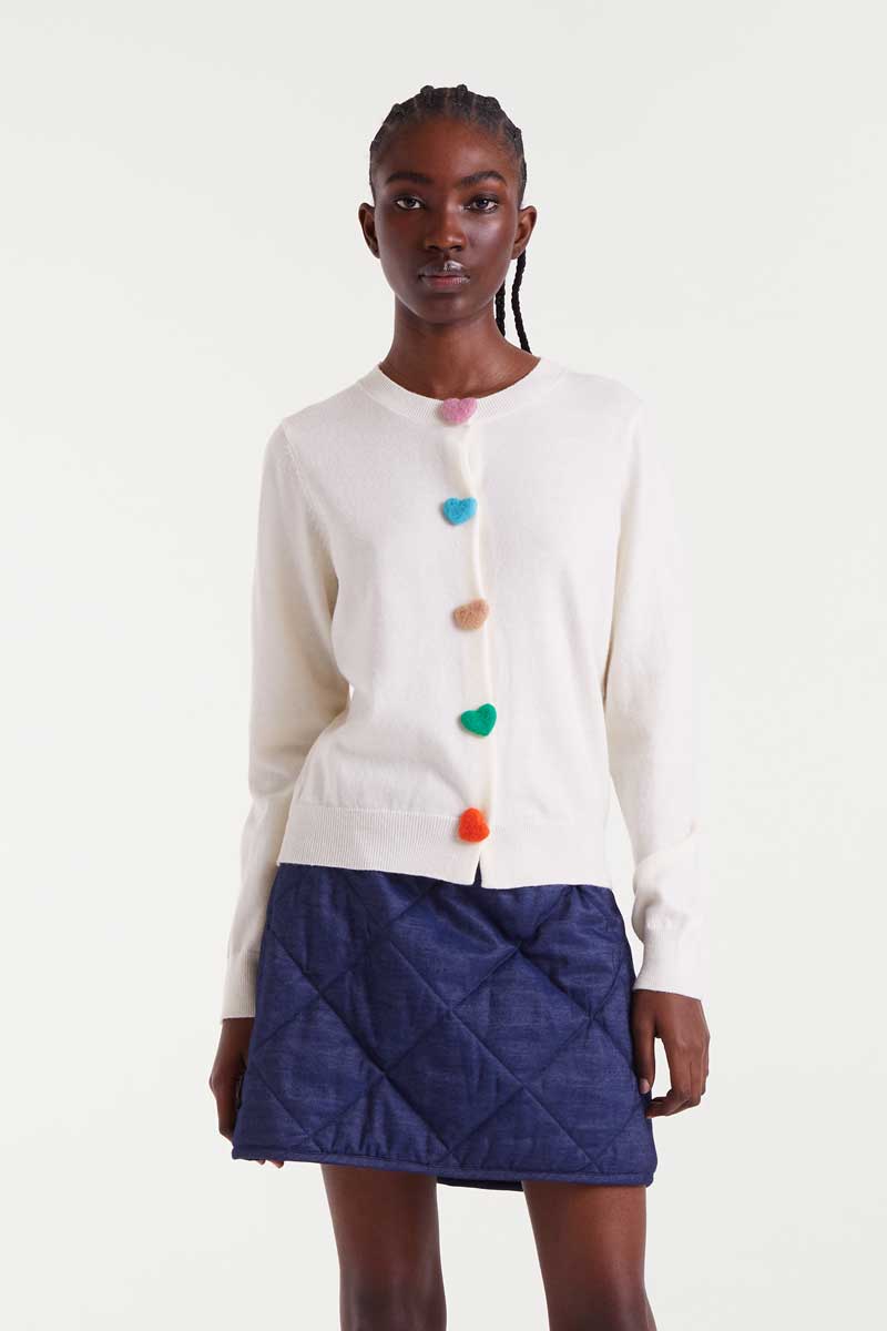 Heart Button-Front Cardigan Sweater - White