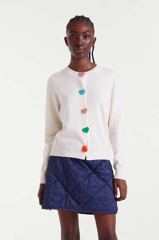 Heart Button-Front Cardigan Sweater - White