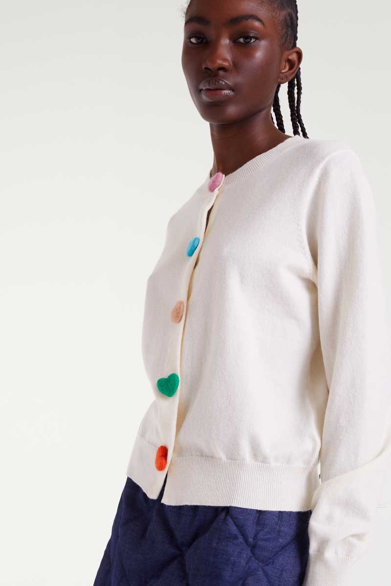 Heart Button-Front Cardigan Sweater - White