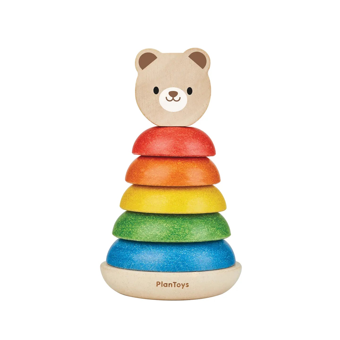 Colorful stacker toy with a bear face on a white background, branded 'PlanToys'.
