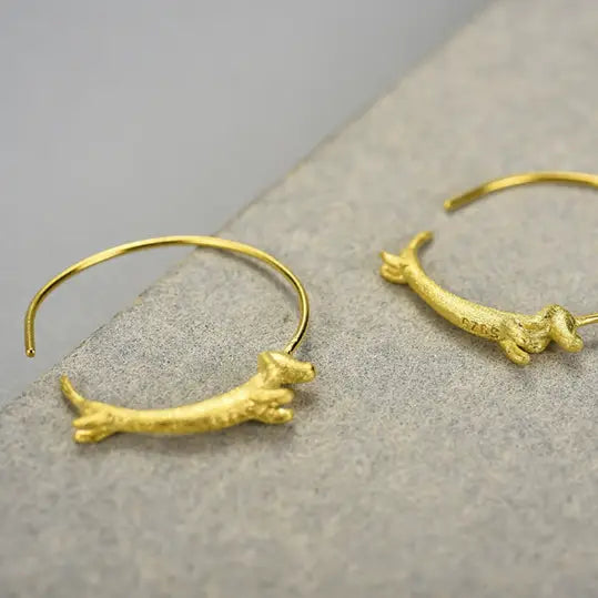 Cute Gold Dachshund Dog Hoop Earrings