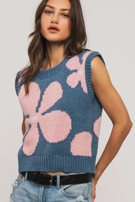 Floral Sweater Vest - Blue