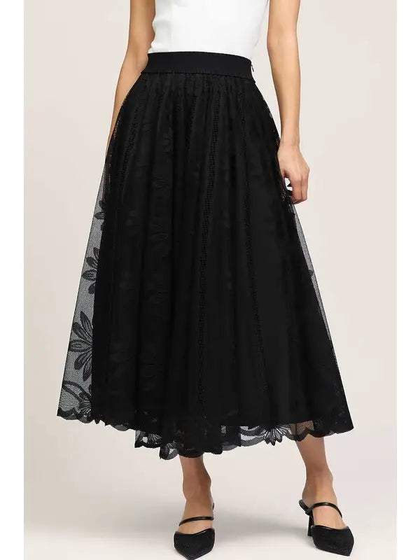 Floral Embroidered Mesh Midi Skirt