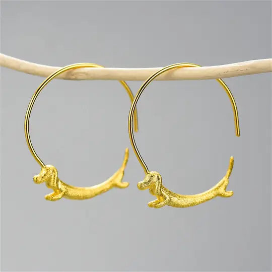 Cute Gold Dachshund Dog Hoop Earrings