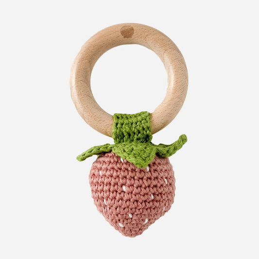 Teether Strawberry Pink Cotton Crochet Rattle