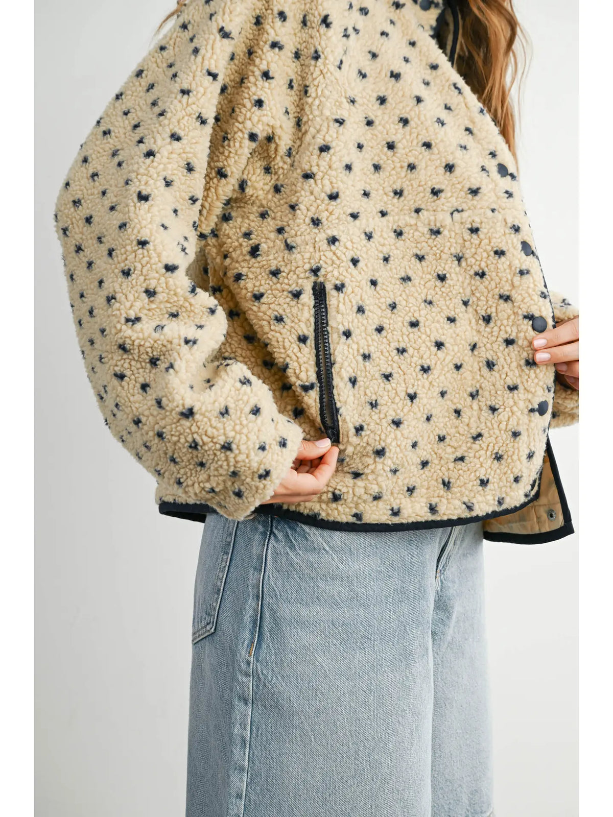 High Pile Fleece Puffer Jacket - Taupe/Navy