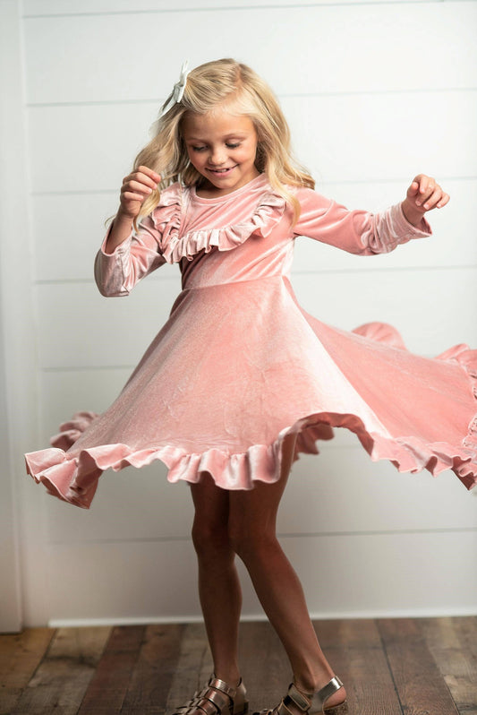 Kids Pink Velvet Ruffle Dress