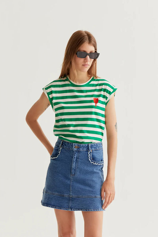 Green Striped T-Shirt - Tulip Embroidery