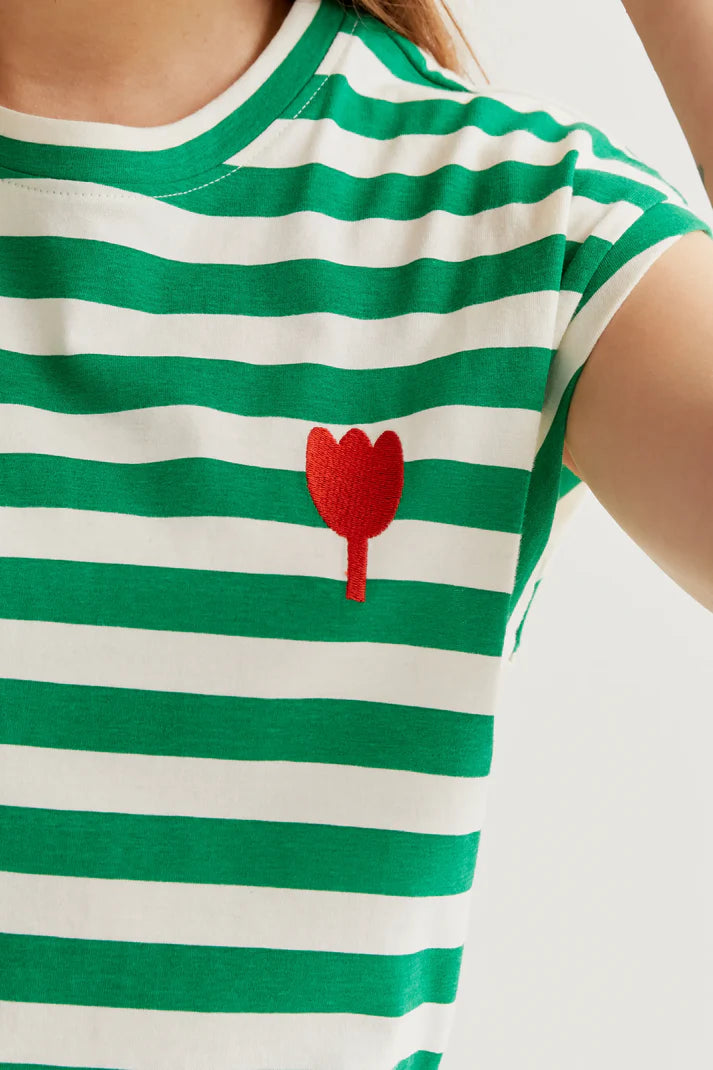 Green Striped T-Shirt - Tulip Embroidery