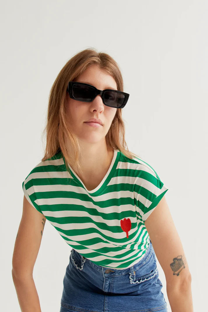 Green Striped T-Shirt - Tulip Embroidery