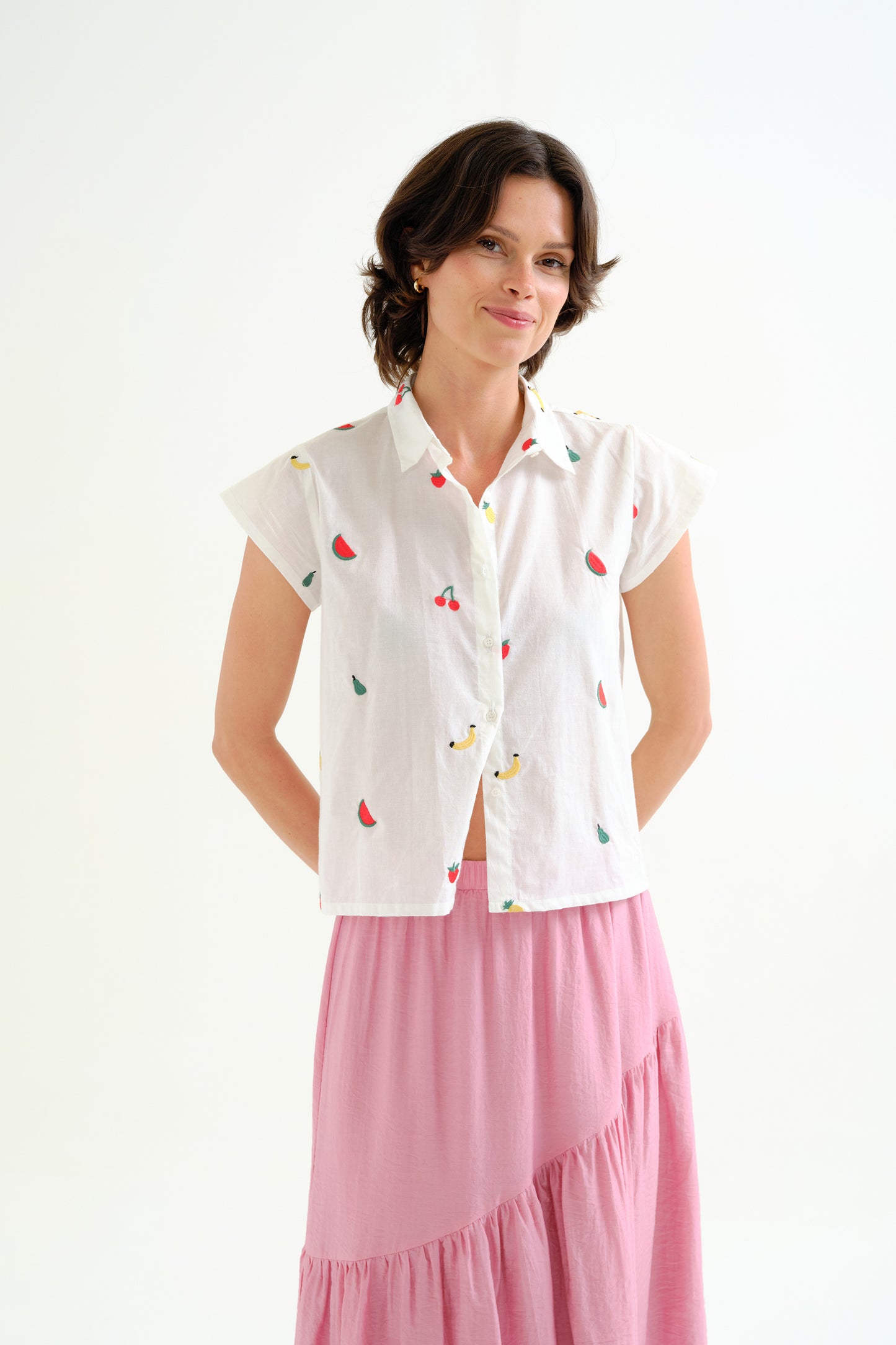 Embroidered All Over Print Fruit Shirt