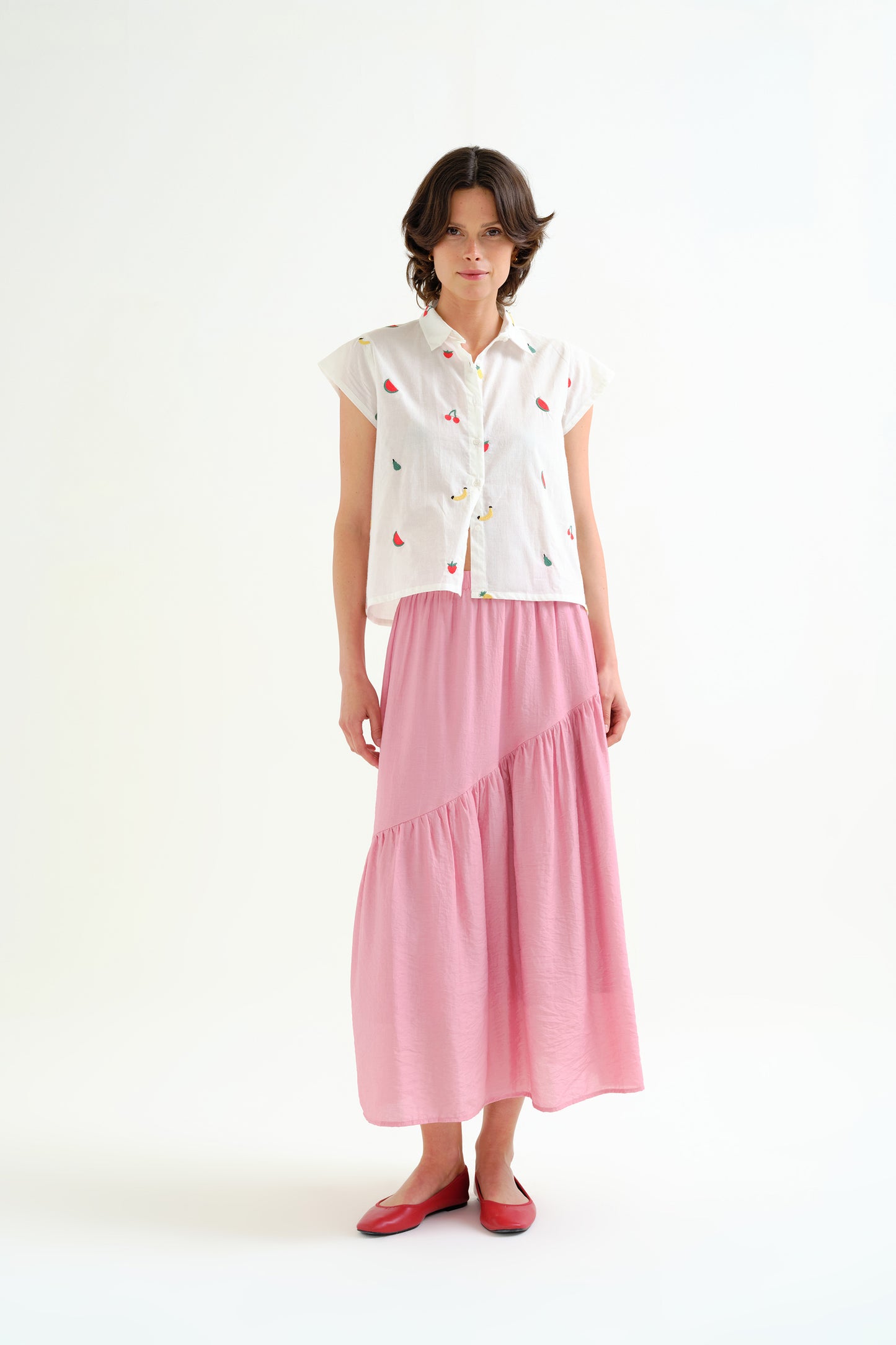 Embroidered All Over Print Fruit Shirt
