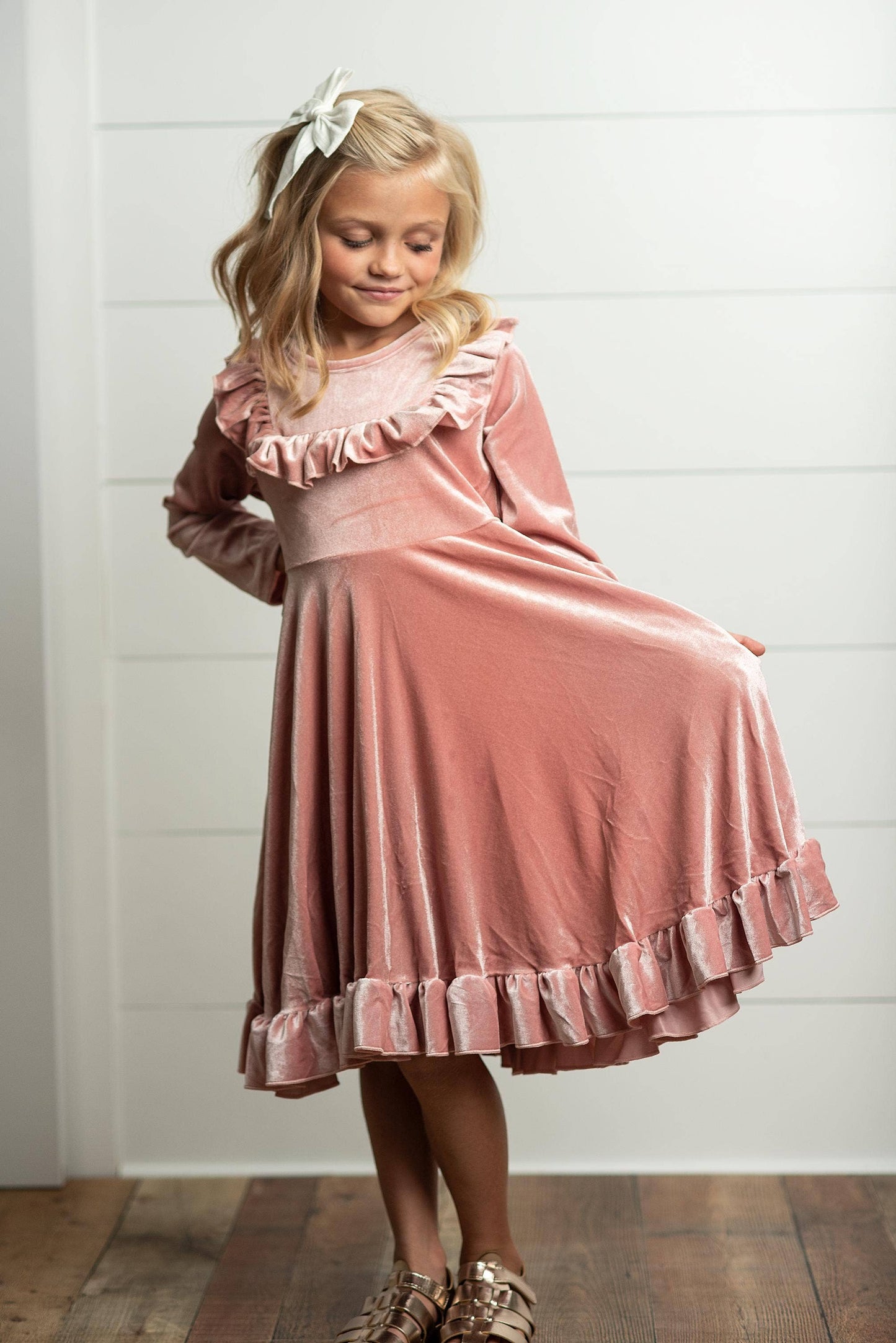 Kids Pink Velvet Ruffle Dress