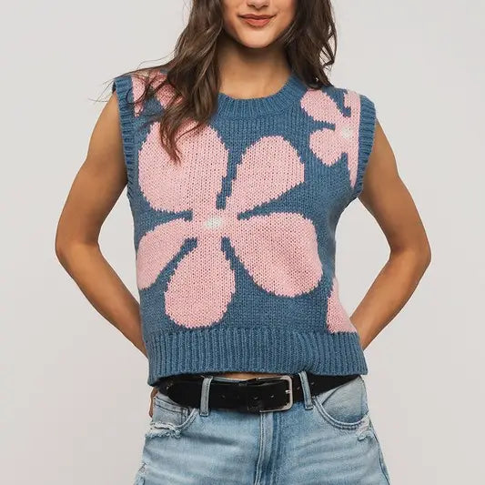 Floral Sweater Vest - Blue