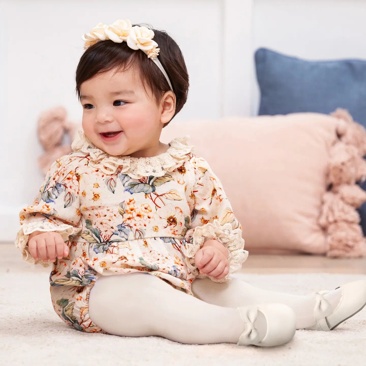 Vintage Floral Baby Girl Bodysuit – Lace Ruffles Linen Blend