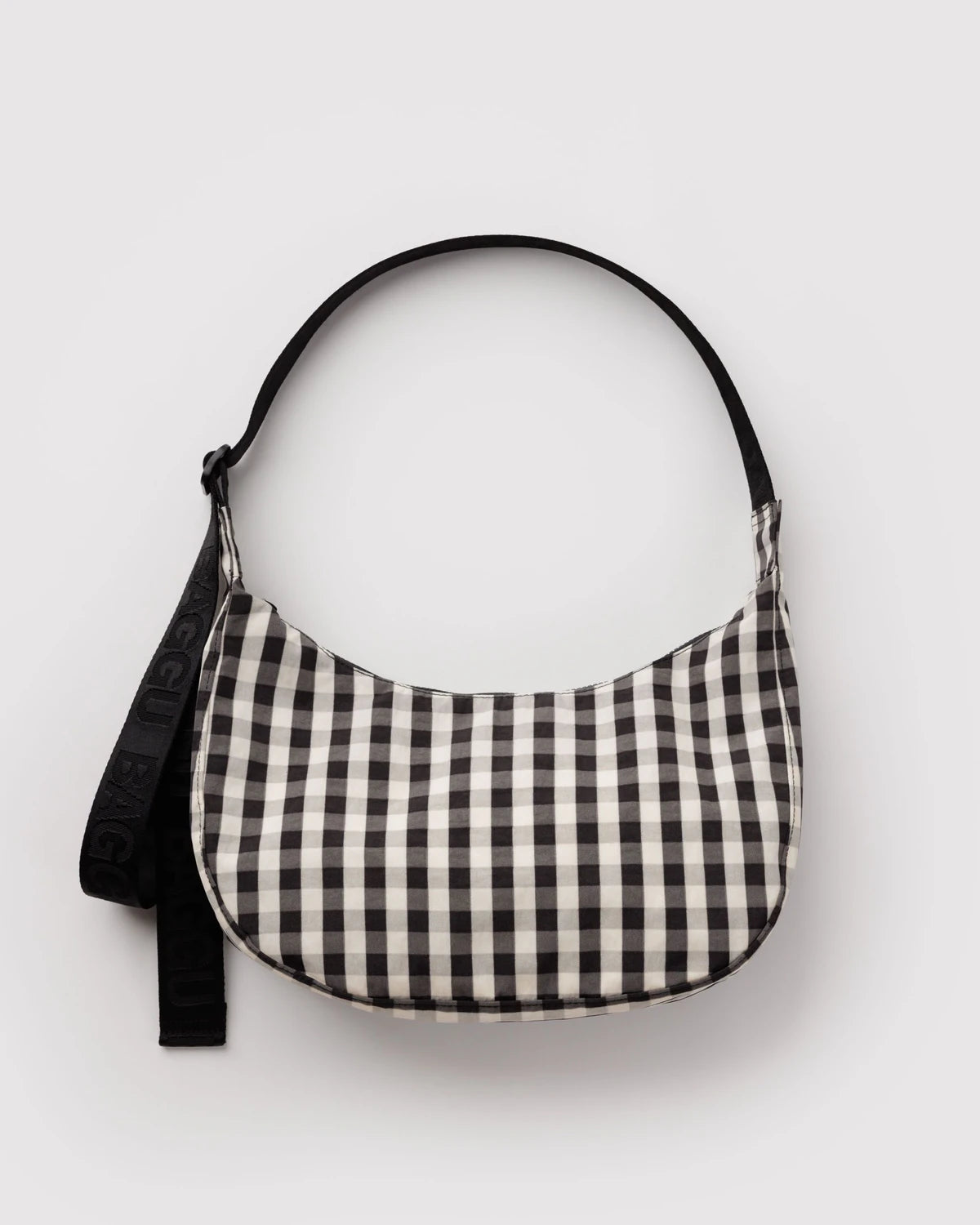Medium Nylon Baggu Crescent Bag - Black and Cream Gingham