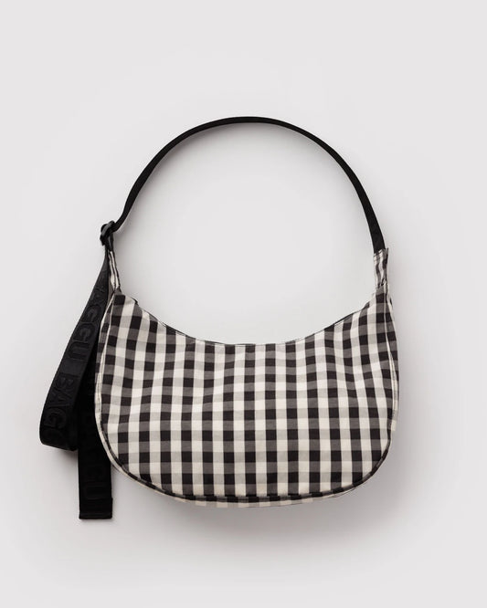Medium Nylon Baggu Crescent Bag - Black and Cream Gingham