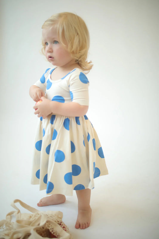 Short Sleeve Twirl Dress - Blue Dots