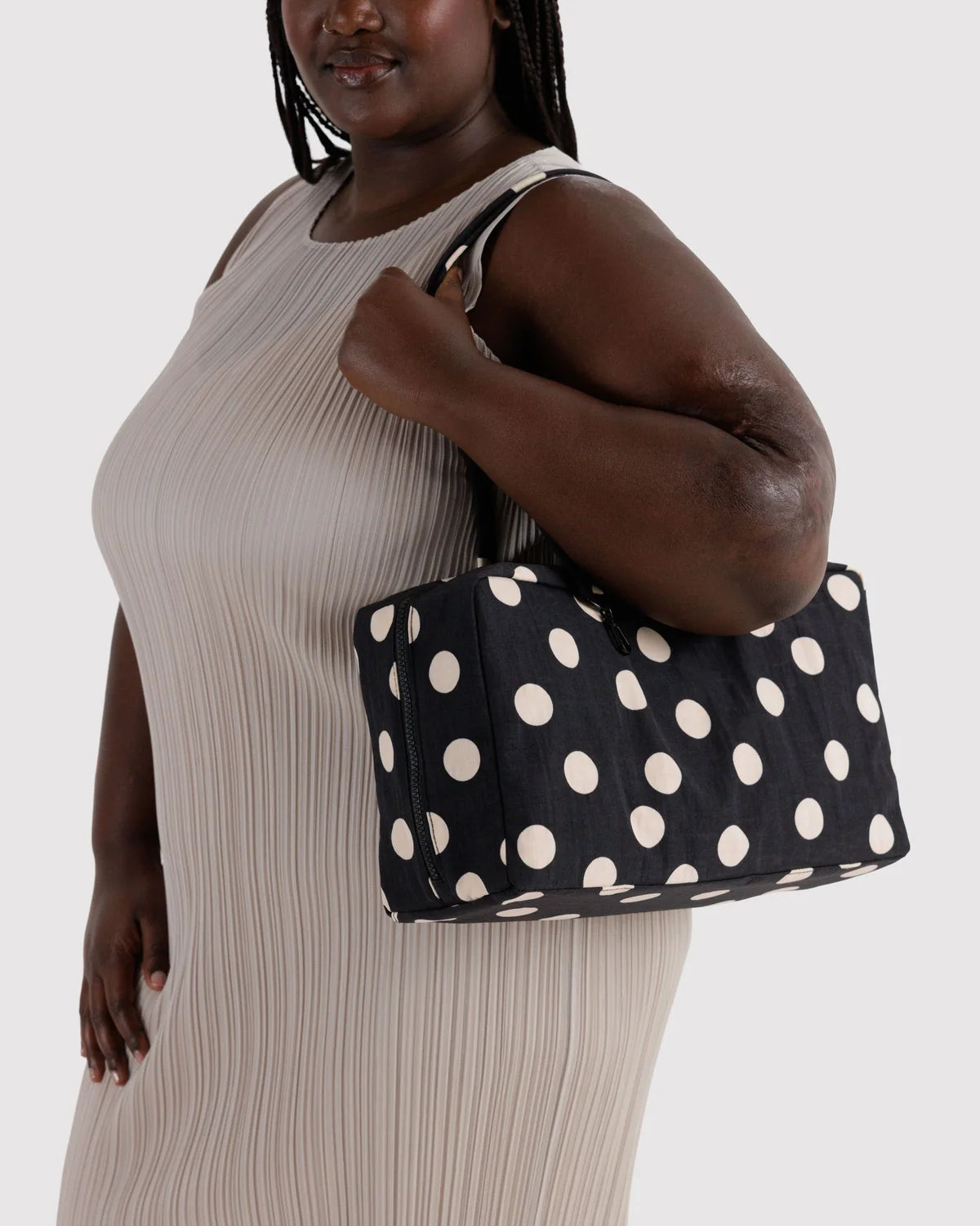 Medium Nylon Bowler Bag - Black and Cream Polk Dot