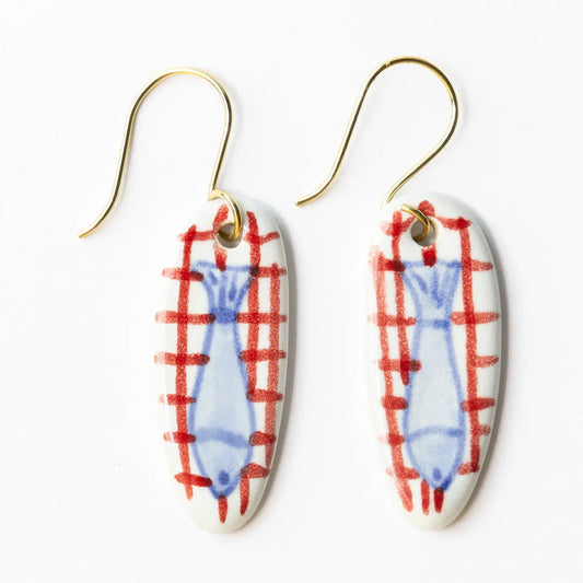 Danielle Oval Ceramic Earring with Fish and Red Plaid