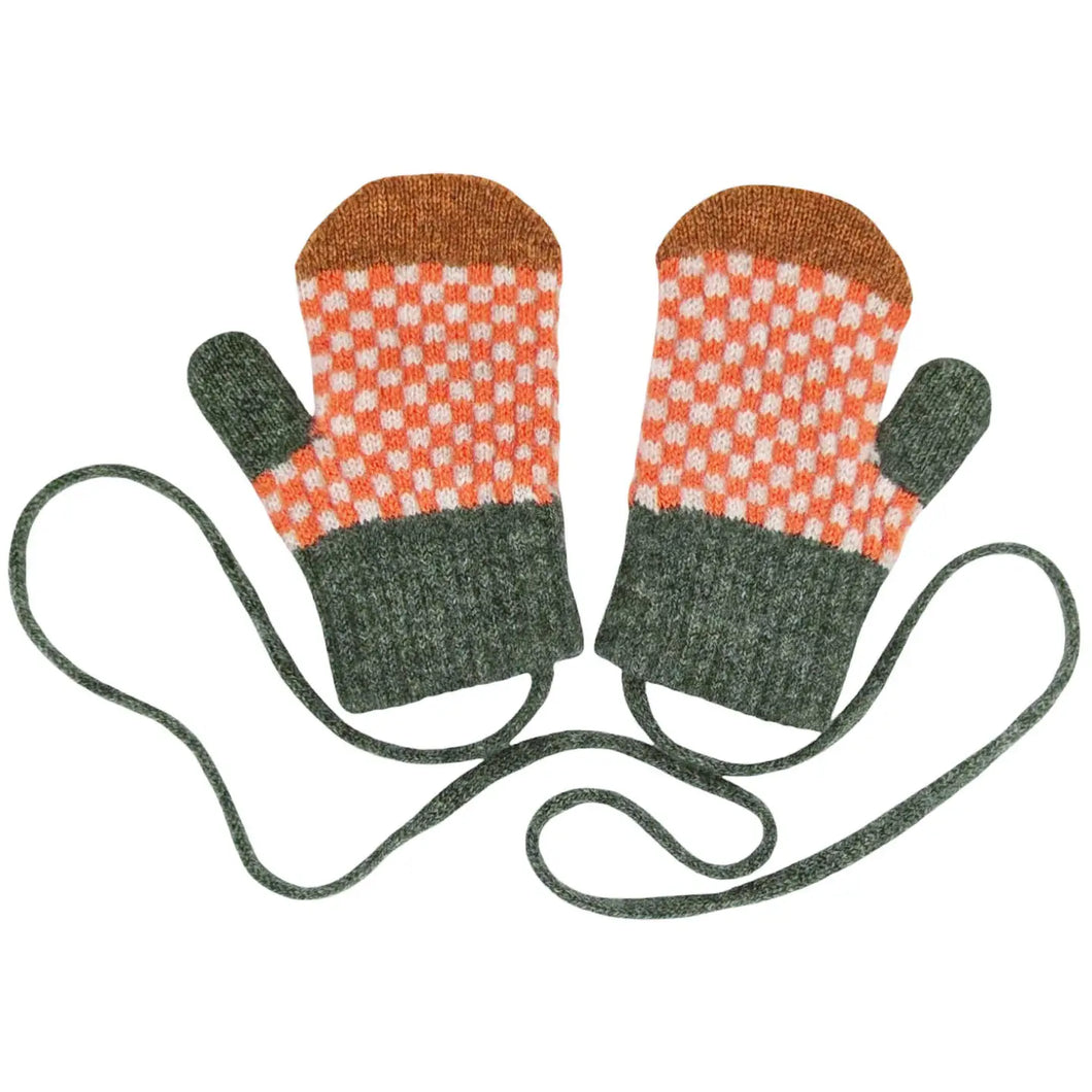 Kids' Patterned Lambswool Mittens - Check Orange