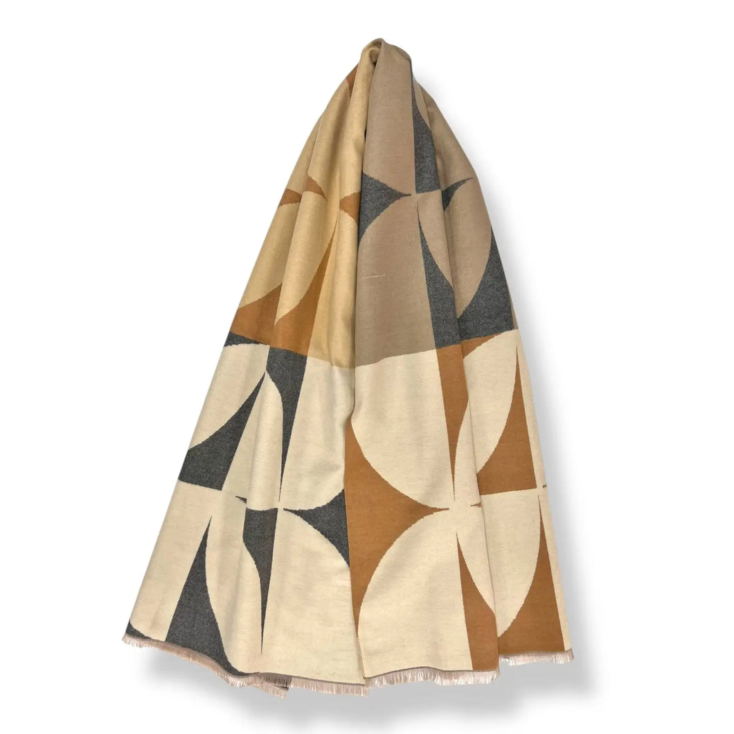Retro Print Cashmere Blend Scarf - Camel/Grey