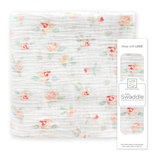 Watercolor Peachy Pink Floral Muslin Swaddle Blanket