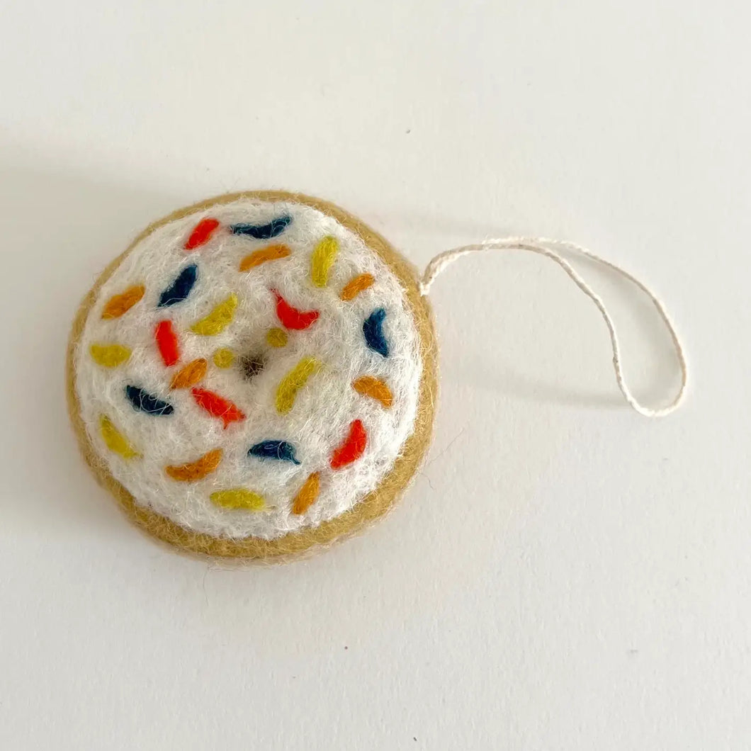 Felted Wool Donut Ornament - White Glaze