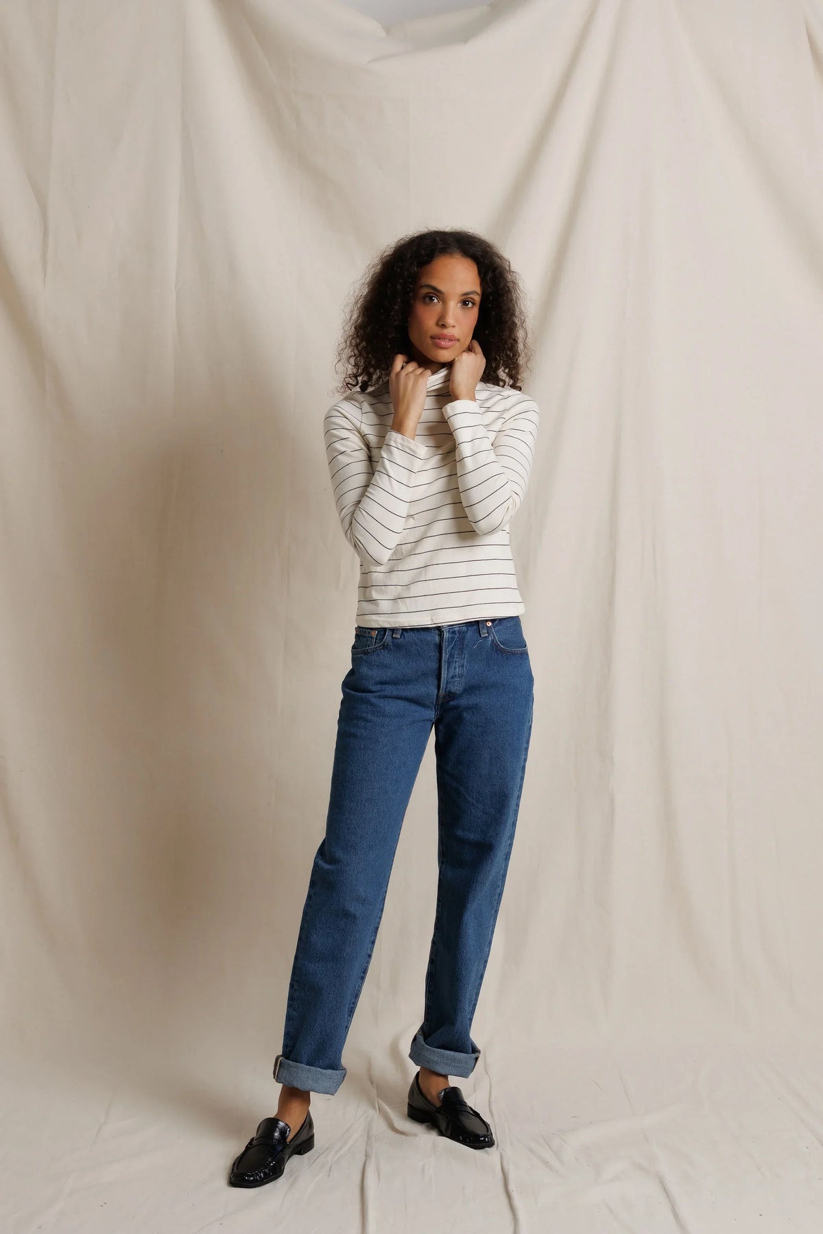 L/S Turtleneck - Natural/Black Stripe