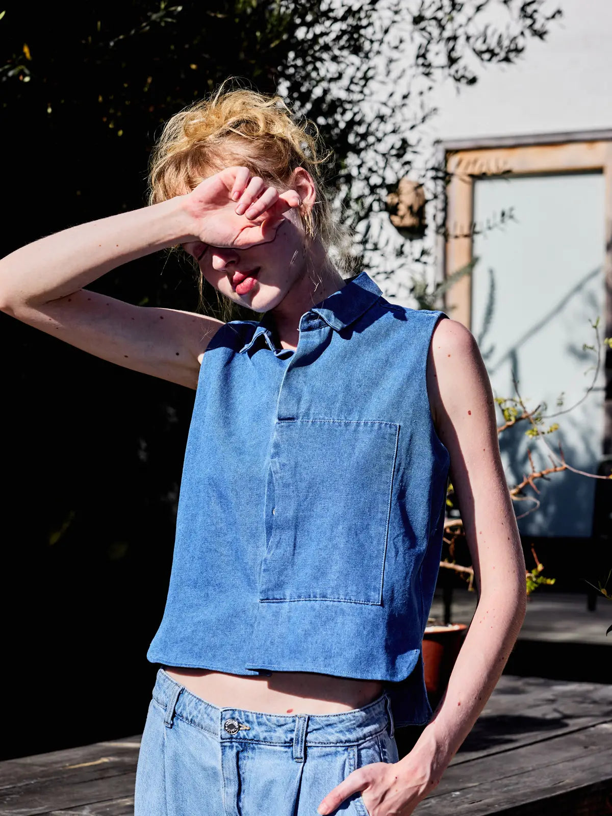 Collared Button Down Sleeveless Denim Top
