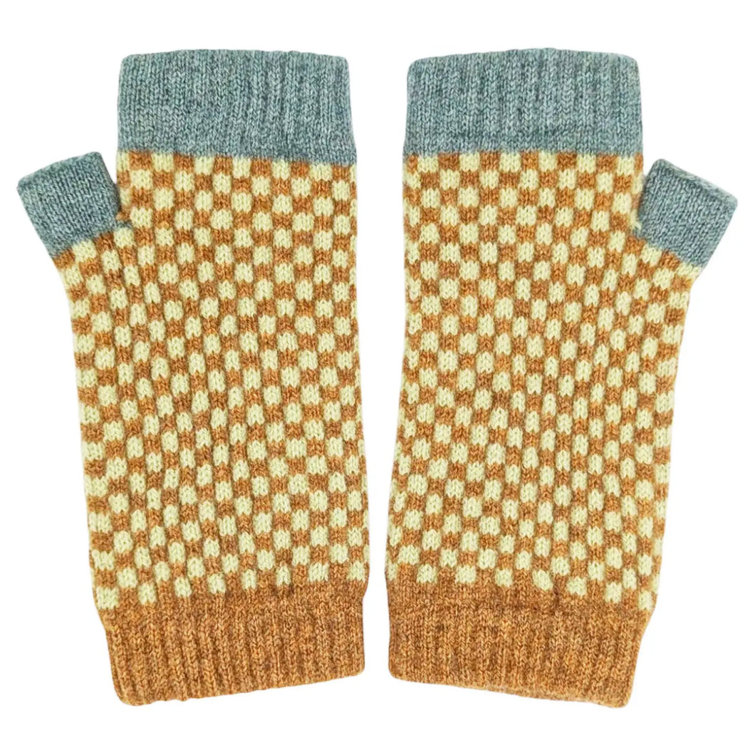 Women's Lambswool Fingerless Gloves -Mint Checks