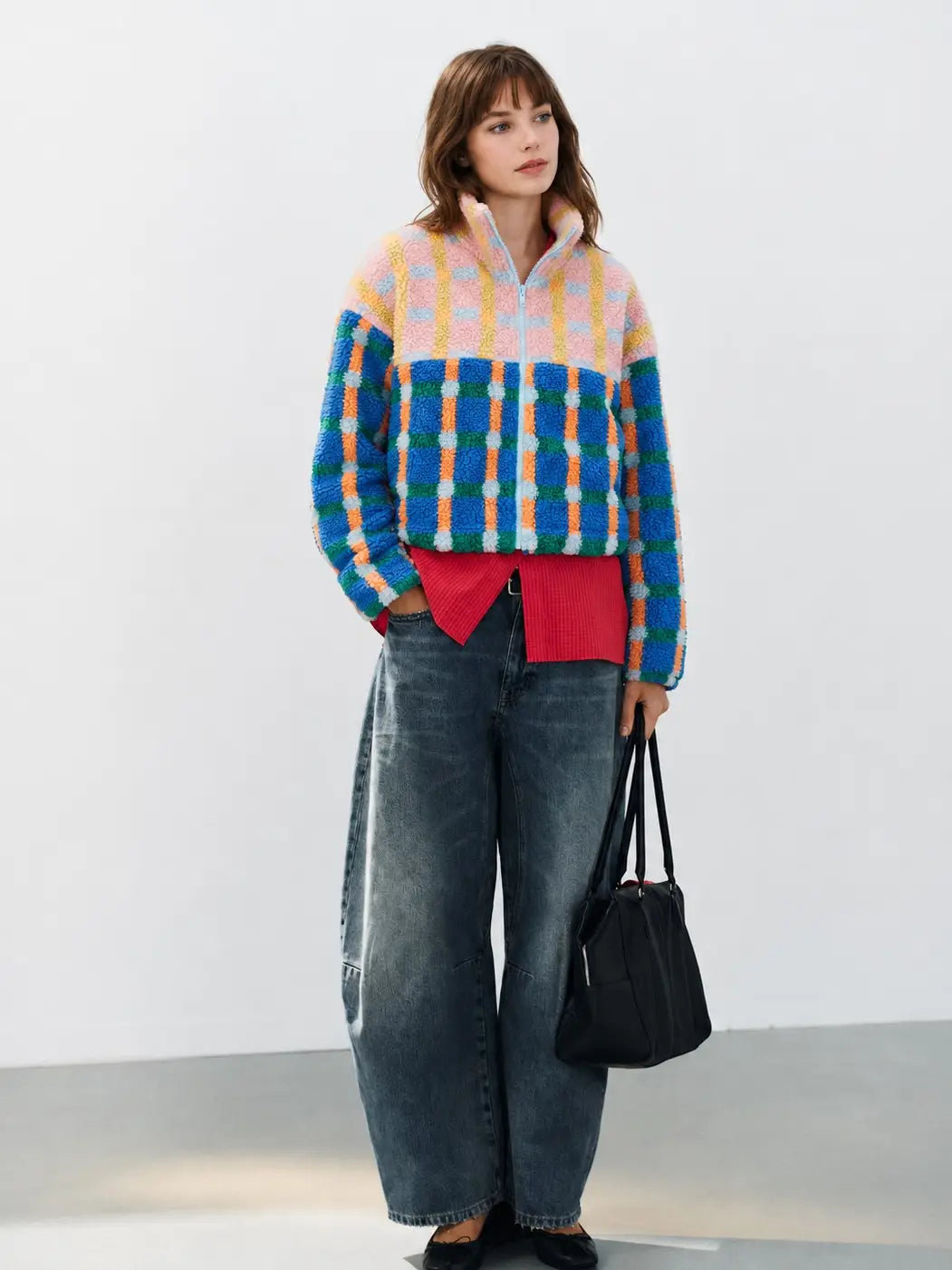 Mixed Plaid Color Block Sherpa Zip-Up Jacket - Blue/Pink
