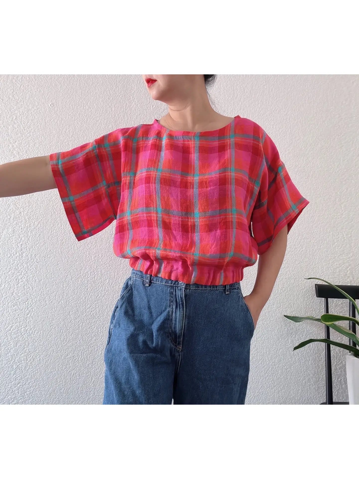 Pink Check Linen Top