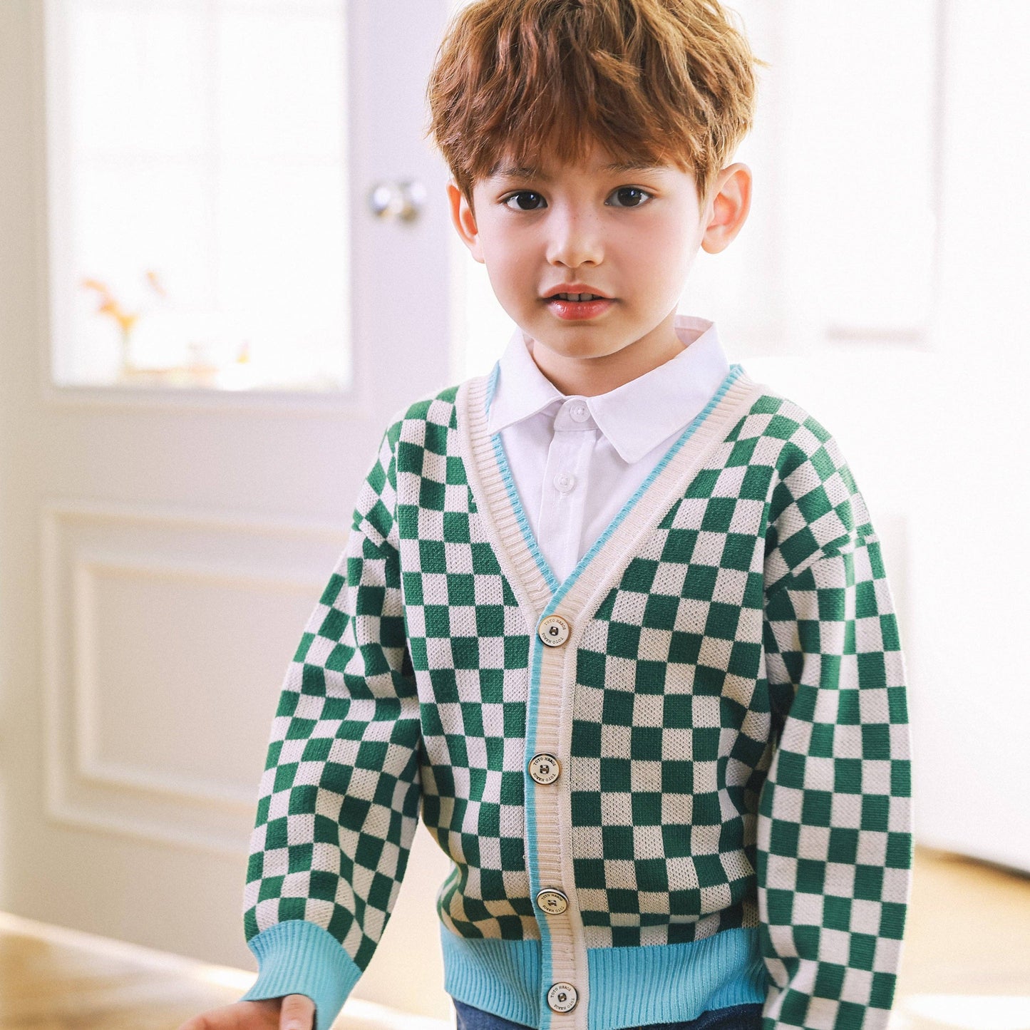 Colorblock Checkered Jacquard Cardigan