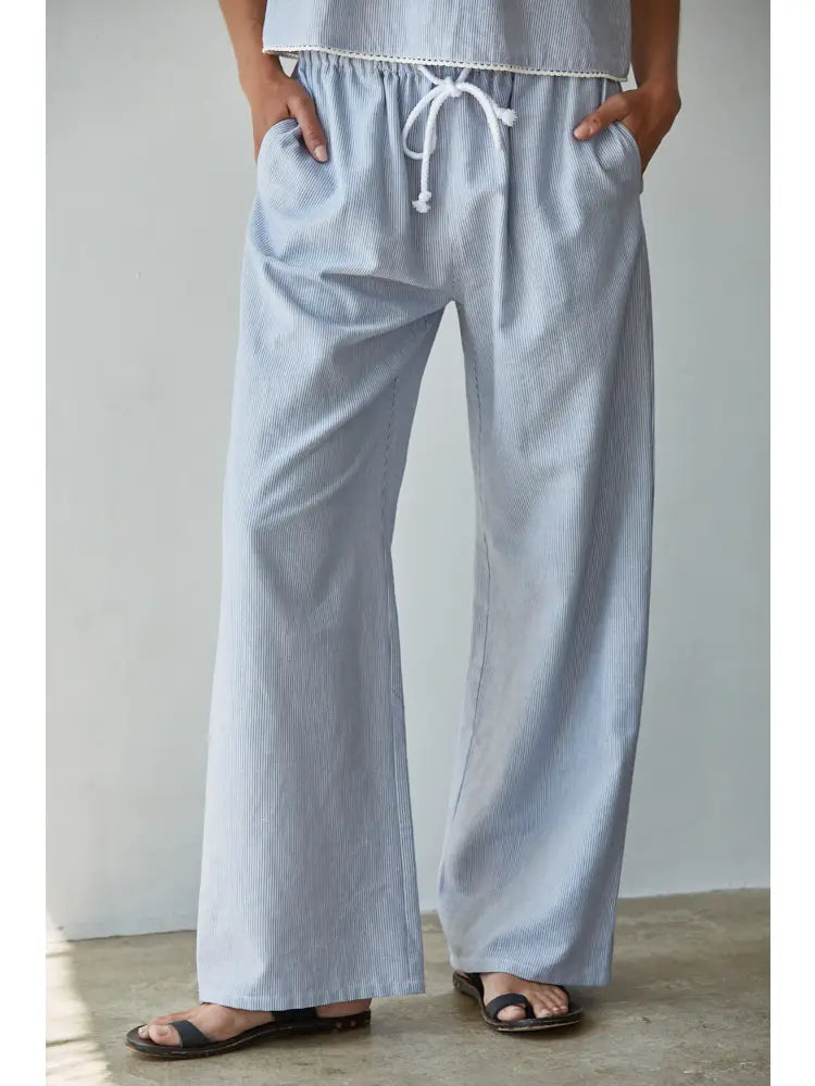 Woven Cotton Linen Striped Wide Leg Pants