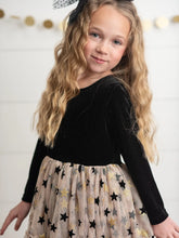 Load image into Gallery viewer, Kids Black &amp; Gold Star Velvet Holiday Sparkle Tulle Dress
